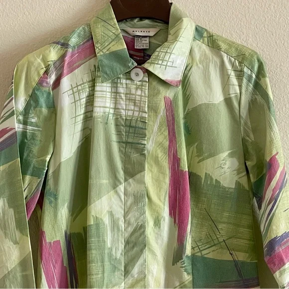 Vintage Melrose green & pink abstract waterproof trench coat - Picture 2 of 15